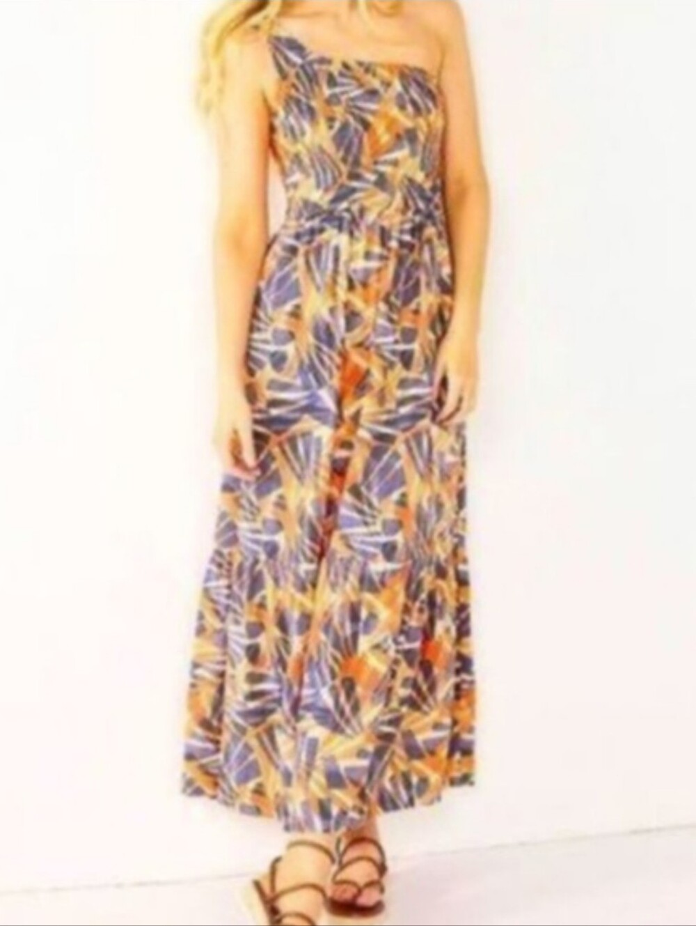Nine West Orange Tropical Print Smocked One Shoulder Tiered Maxi Dress XXL